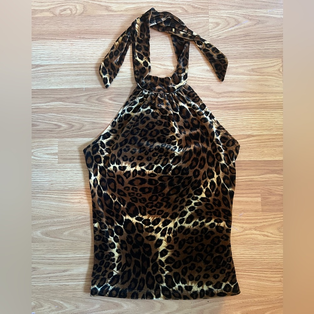 Vintage Y2K Leopard Print Velour Halter Top - Size M